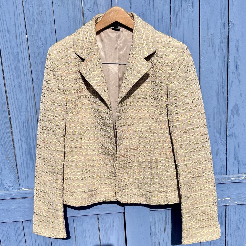 Ellen Tracy Size 10 Women's‎ Open Front Beige Multicolor Woven Jacket
